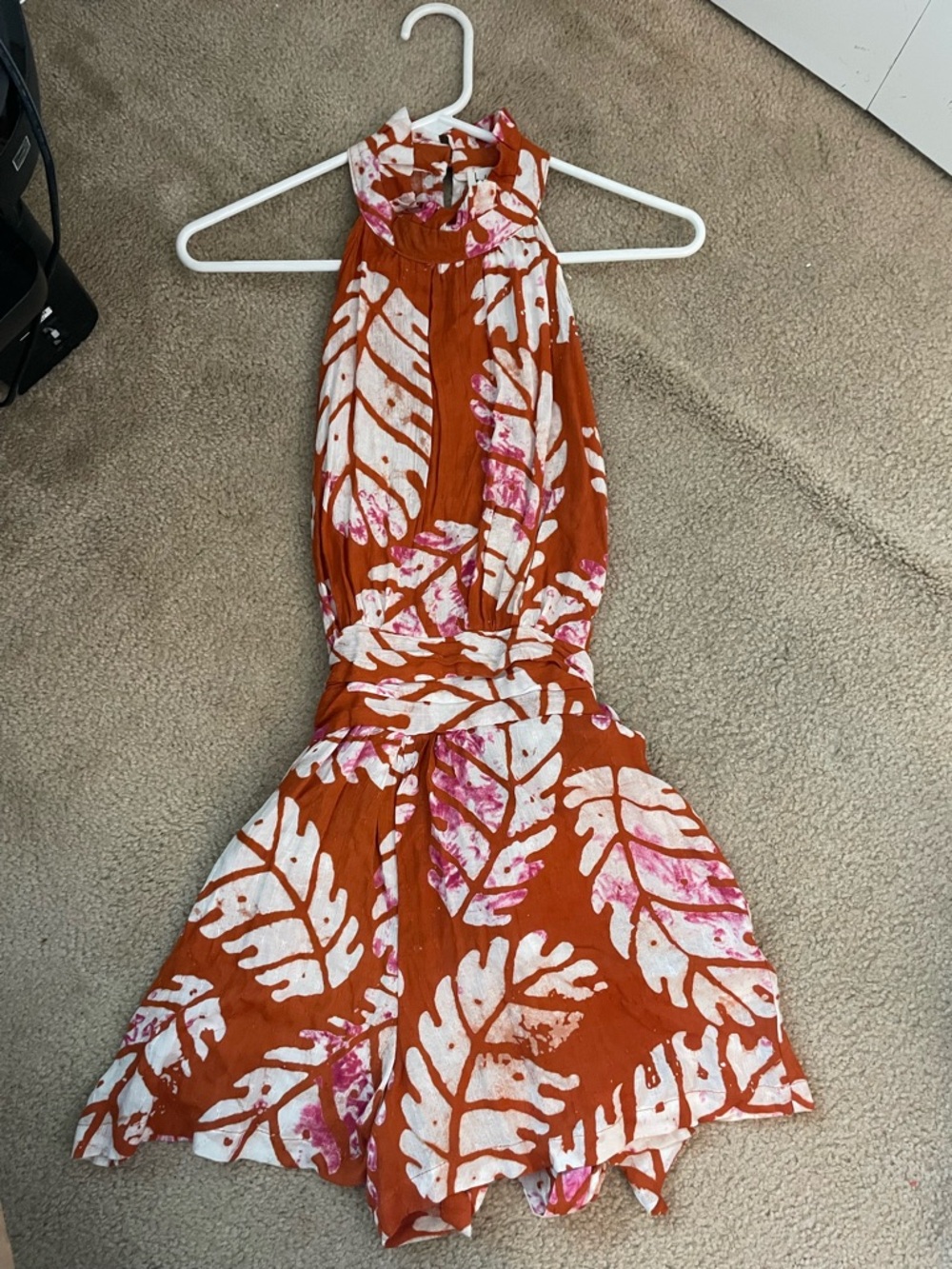 Nicole Miller Orange Halter Leaf-Print Romper with Pink Accents